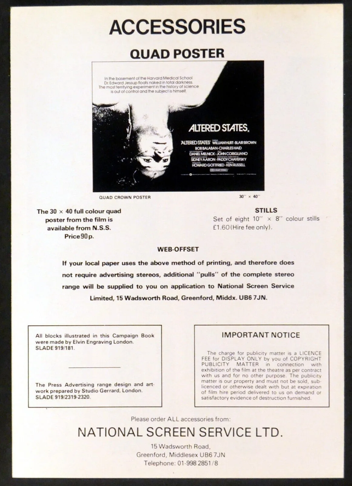 ALTERED STATES 1980 William Hurt, Blair Brown, Ken Russell UK CAMPAIGN BOOK, изображение 3