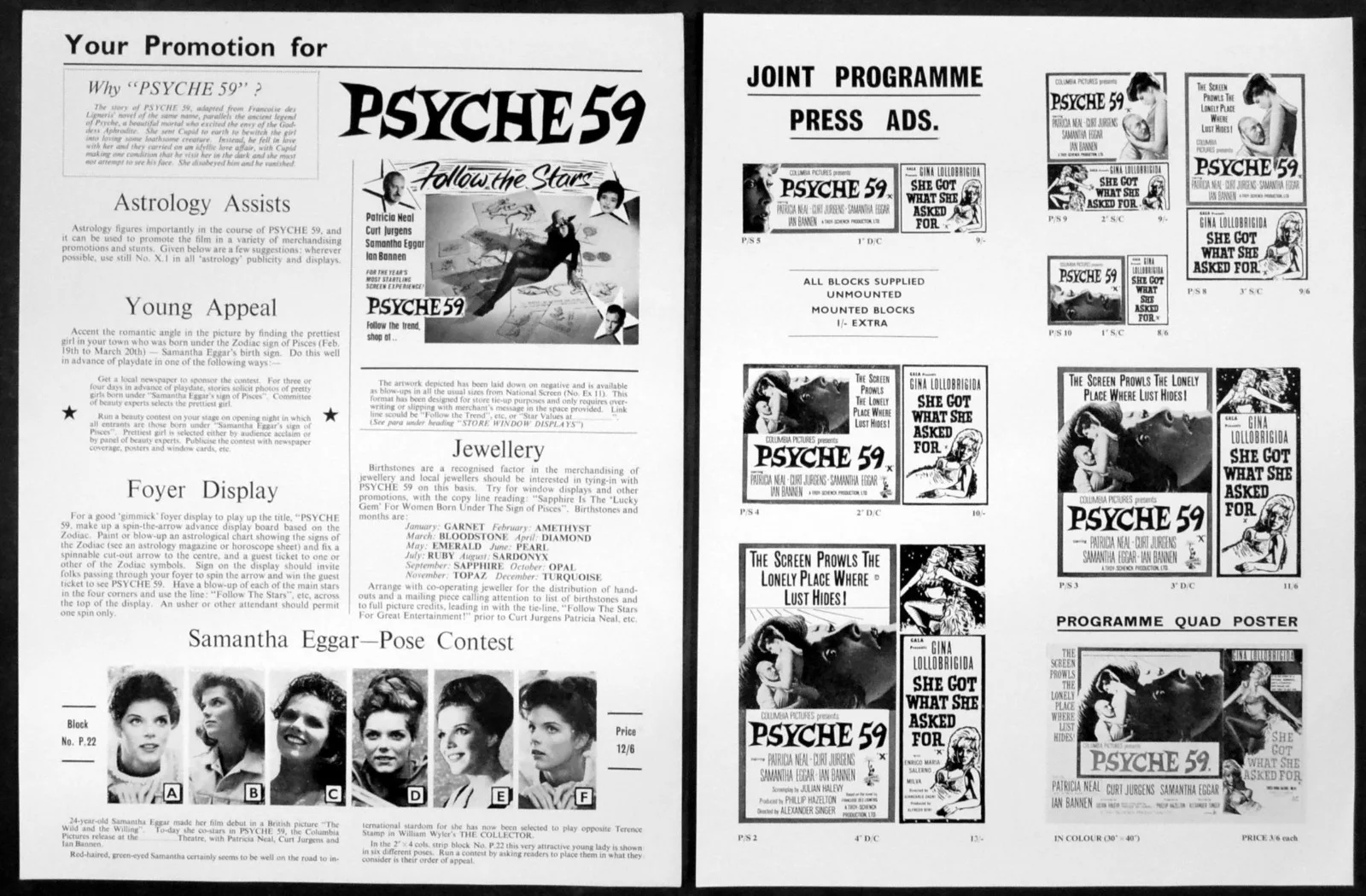 PSYCHE 59 1964 Patricia Neal, Curt Jurgens, Samantha Eggar UK CAMPAIGN BOOK, изображение 2