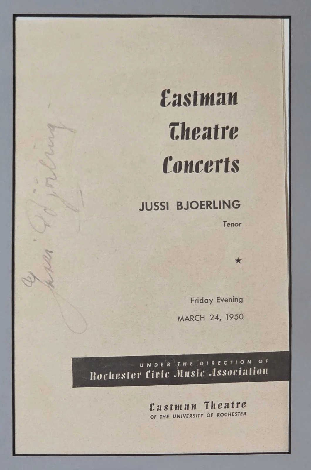 Jussi Bjoerling Signed 1950 Eastman Theatre Concert Program Framed Photo Autogra, image 3