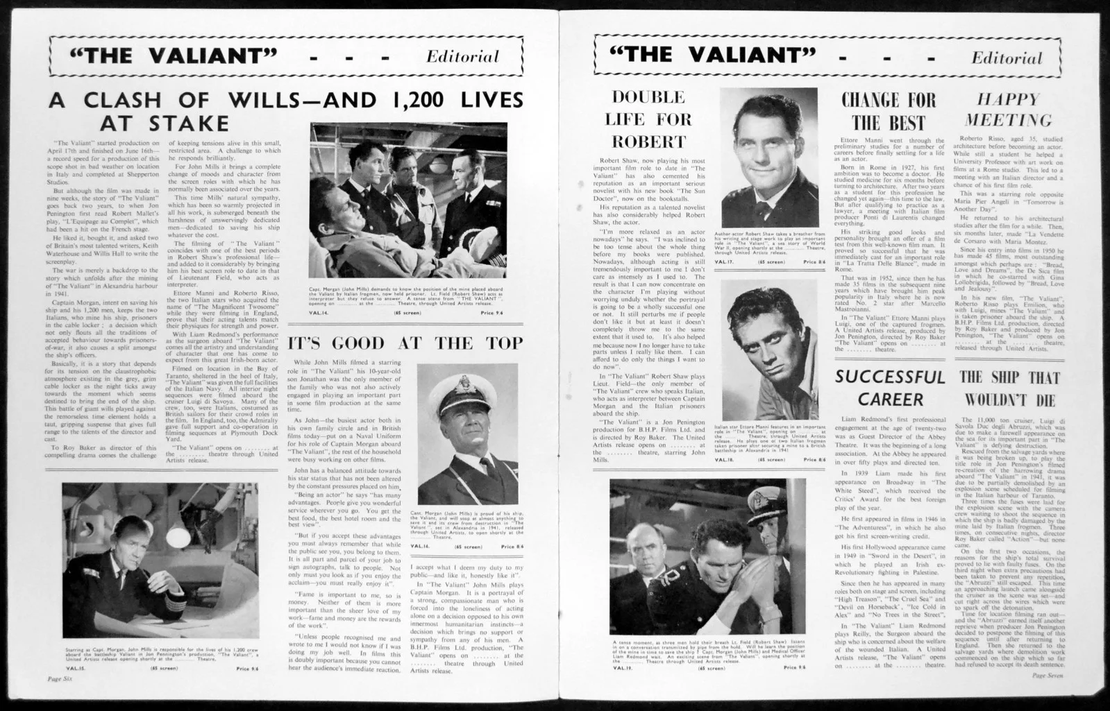 VALIANT 1962 John Mills, Ettore Manni Roberto Risso Robert Shaw UK CAMPAIGN BOOK, изображение 2