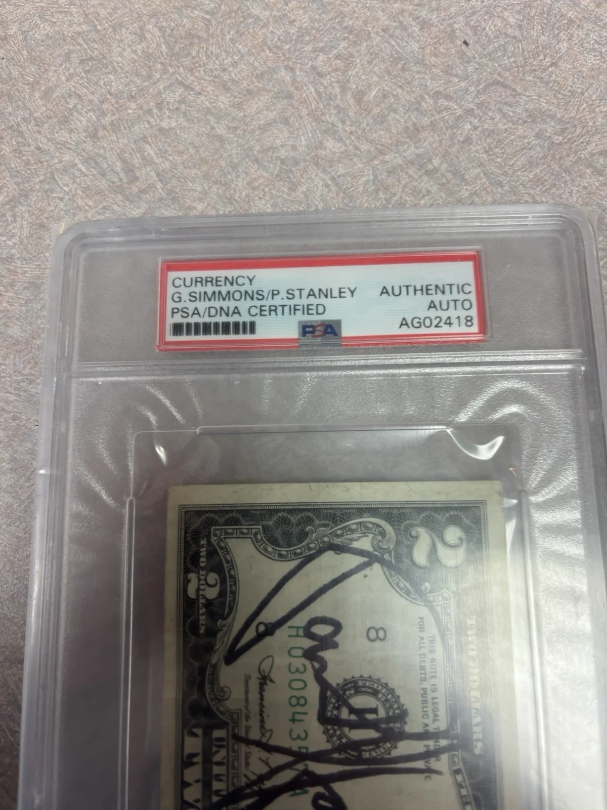 KISS AUTOGRAPH LOT PSA CURRENCY AUTO SIMMONS STANLEY CRISS FREHLEY 2 DOLLAR BILL, изображение 3