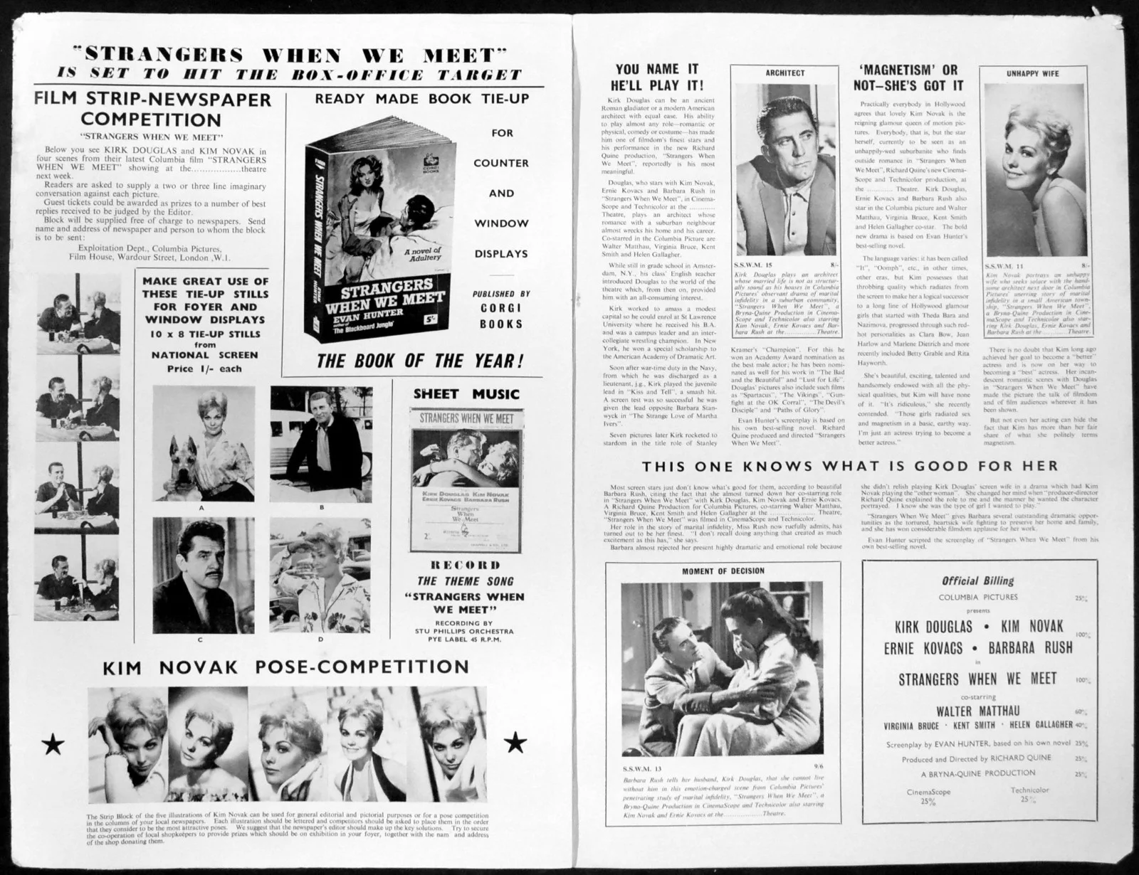 STRANGERS WHEN WE MEET 1960 Kirk Douglas, Kim Novak, Ernie Kovacs CAMPAIGN BOOK, изображение 2