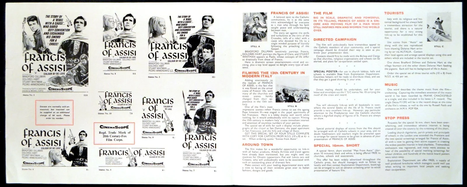 FRANCIS OF ASSISI 1961 Bradford Dillman, Dolores Hart CAMPAIGN BOOK, изображение 2