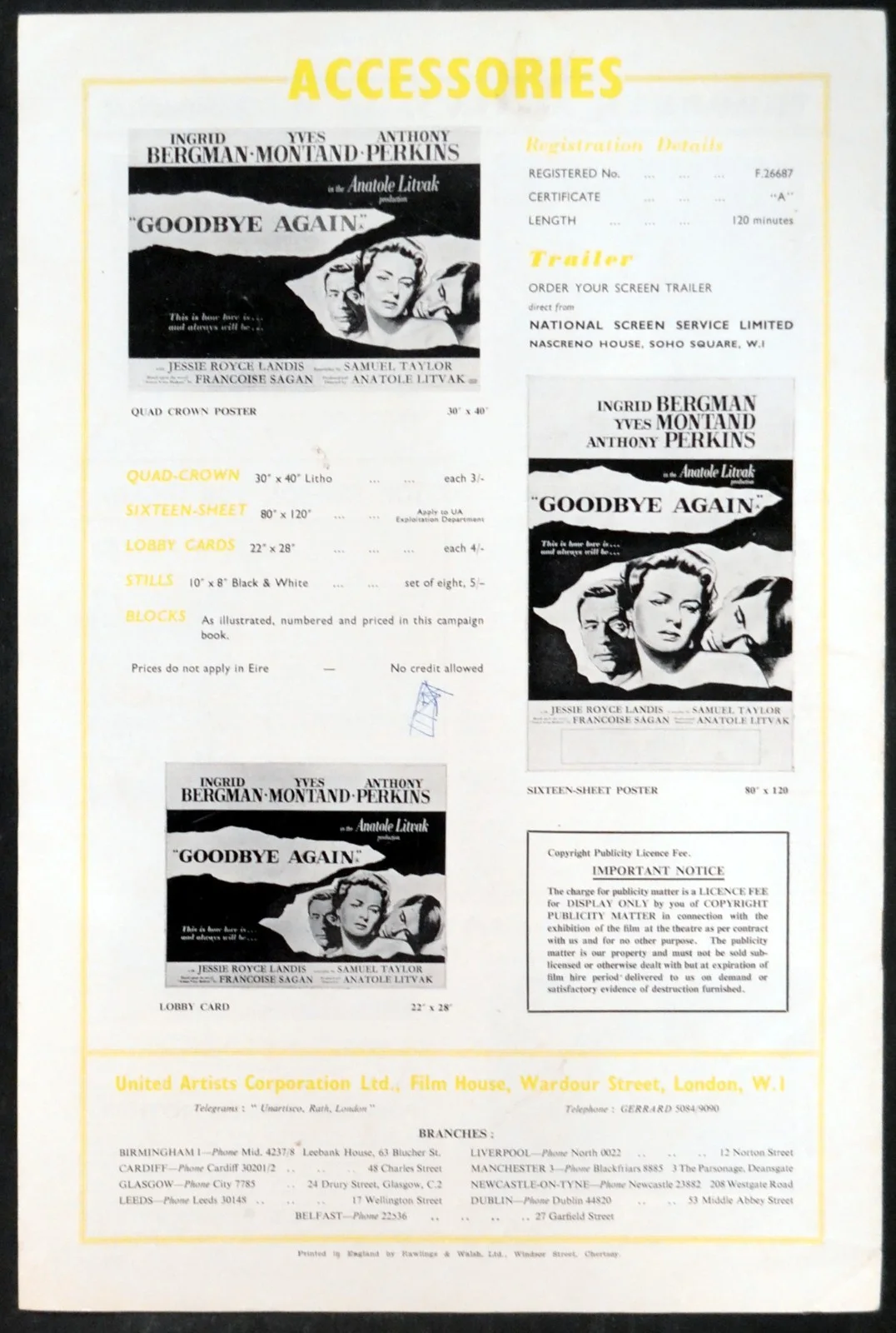 GOODBYE AGAIN 1961 Ingrid Bergman, Yves Montand, Anthony Perkins CAMPAIGN BOOK, image 3