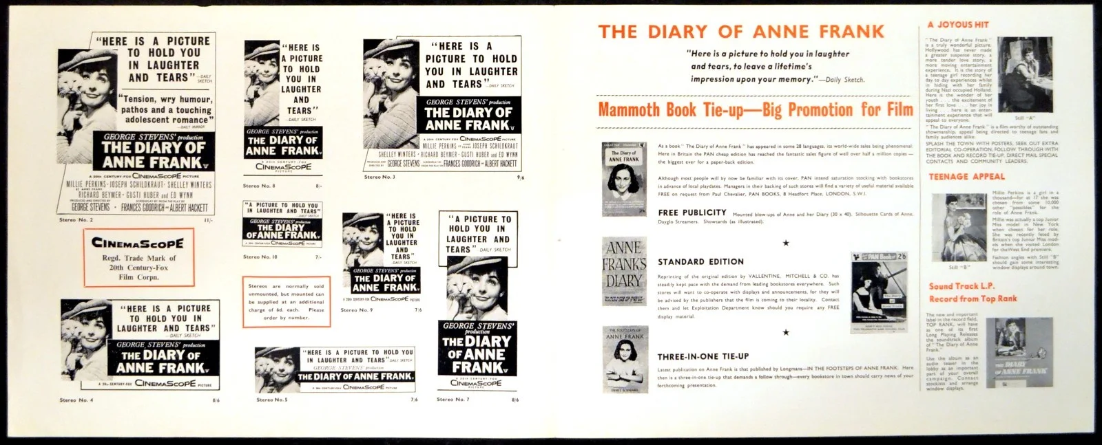 DIARY OF ANNE FRANK 1959 Millie Perkins, Joseph Schildkraut UK PRESSBOOK, изображение 2