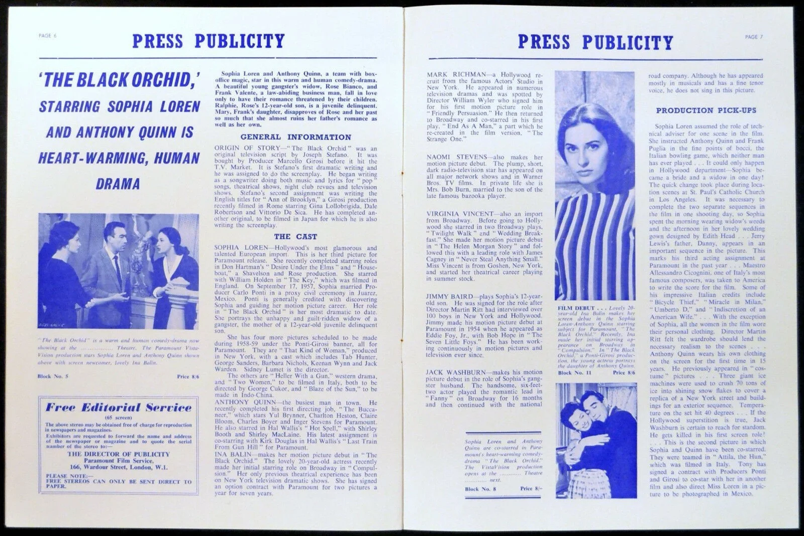 BLACK ORCHID 1959 Sophia Loren, Anthony Quinn, Mark Richman UK PRESSBOOK, изображение 2