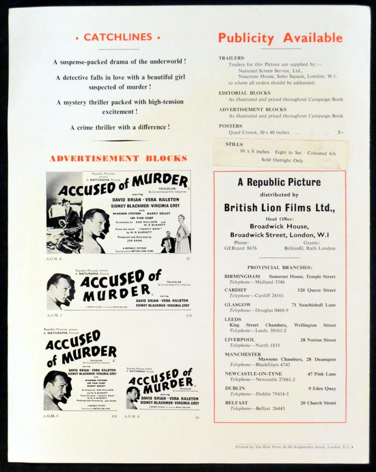 ACCUSED OF MURDER 1957 David Brian, Vera Ralston W.R. Burnett UK CAMPAIGN BOOK, изображение 3