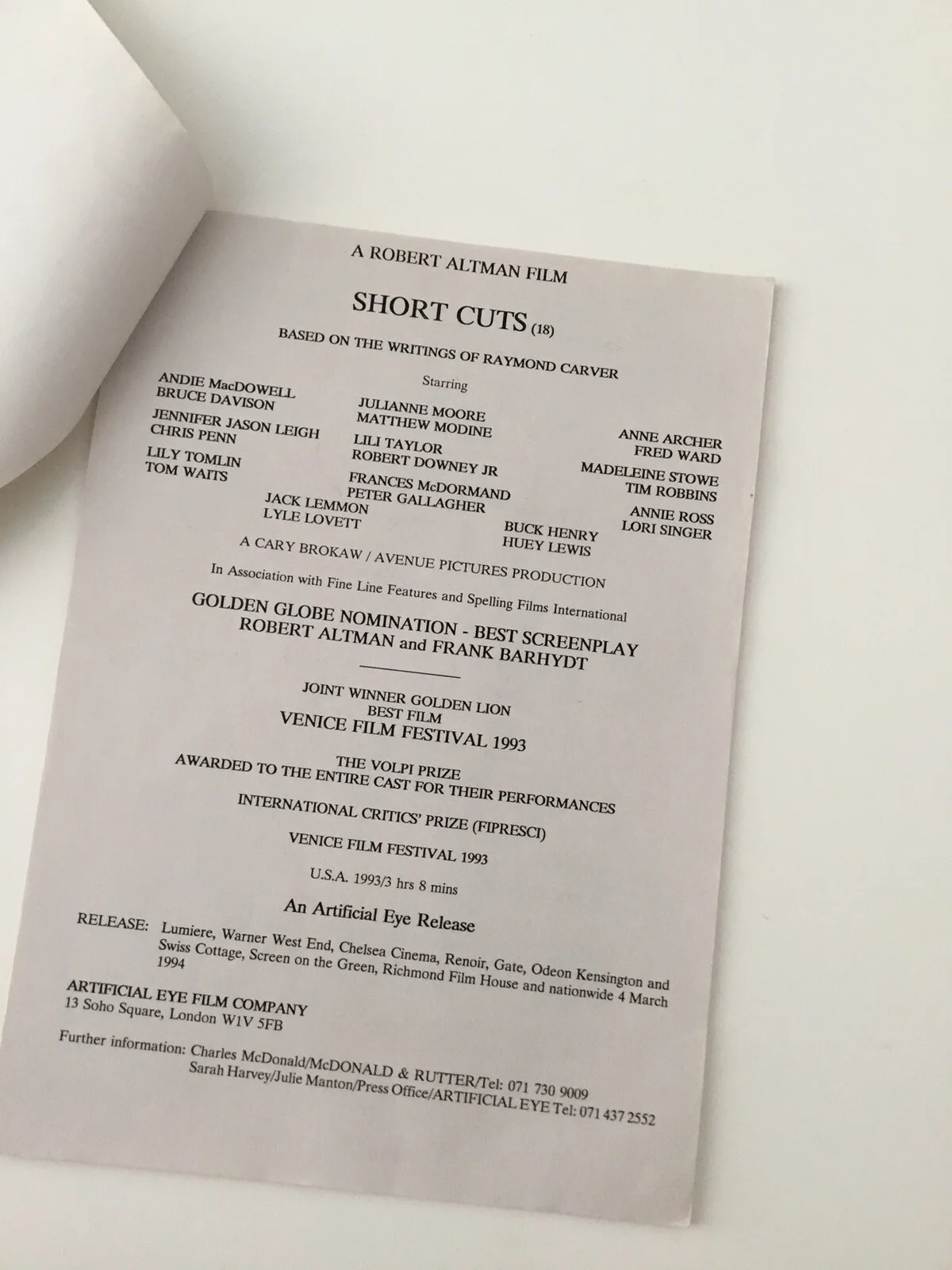 Short Cuts Film Press Pack Robert Altman Raymond Carver 1993 Rare, изображение 2