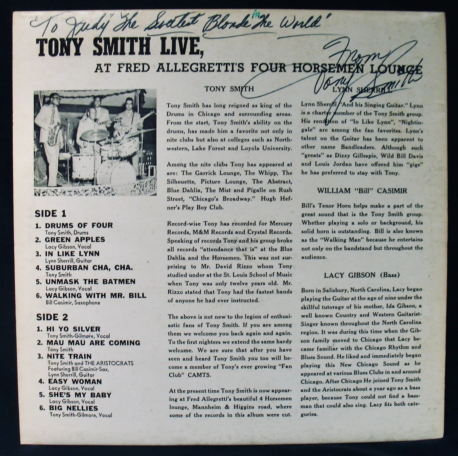 Tony Smith & The Aristocrats – Live At Fred Allegretti's 4 Horseman~Signed LP, изображение 2