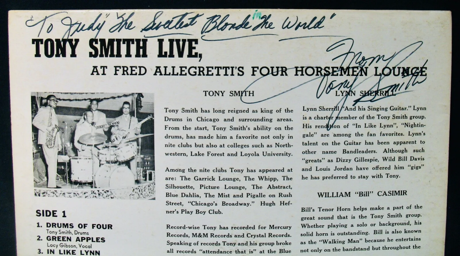 Tony Smith & The Aristocrats – Live At Fred Allegretti's 4 Horseman~Signed LP, изображение 3