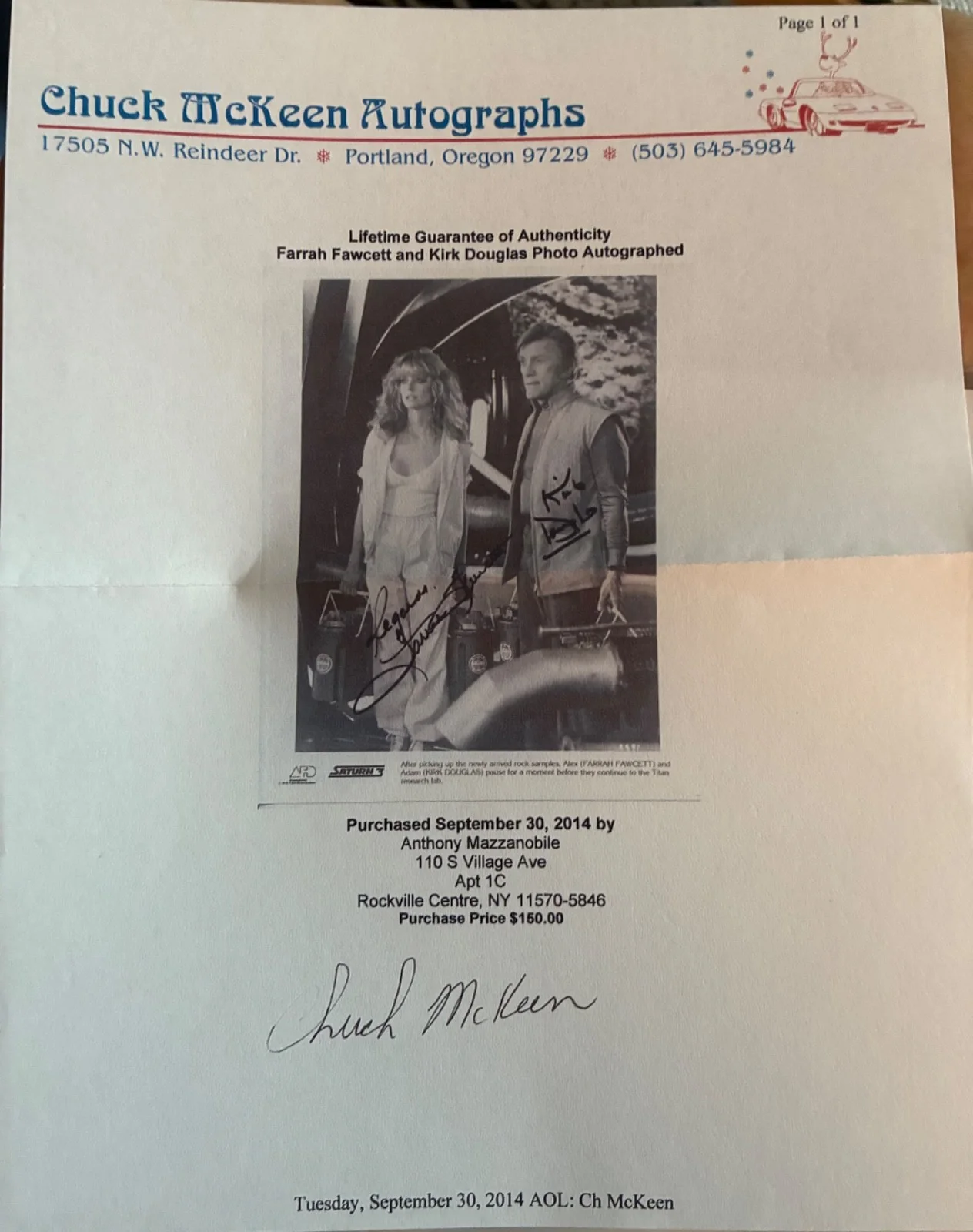 Farrah Fawcett, Kirk Douglas — FARRAH FAWCETT & KIRK DOUGLAS Dual Signed 8x10 Photo - SATURN 3 (1980) - COA, изображение 4