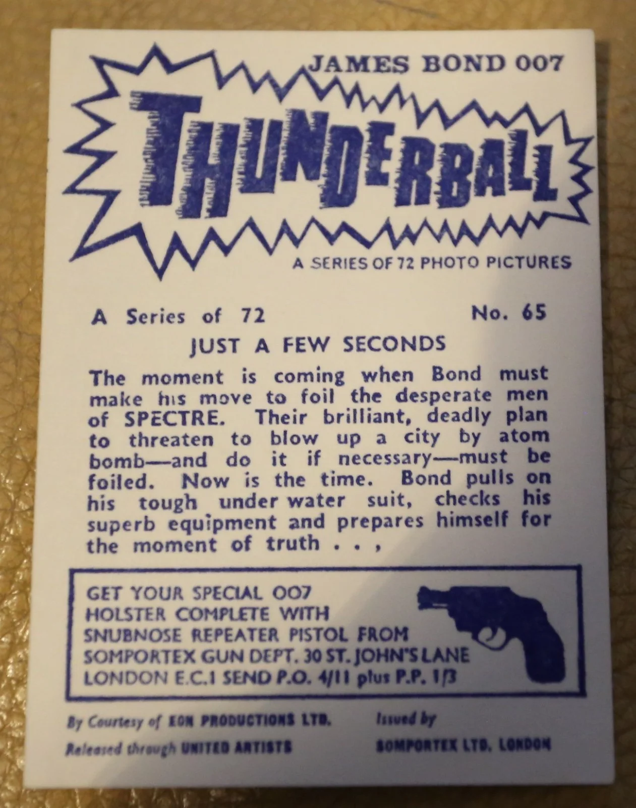 JAMES BOND SOMPORTEX THUNDERBALL 1966 ORIGINAL TRADING CARD EX COND NUMBER 65, image 2