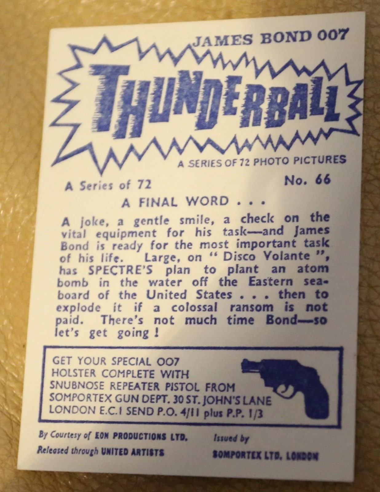 JAMES BOND SOMPORTEX THUNDERBALL 1966 ORIGINAL TRADING CARD EX COND NUMBER 66, image 2