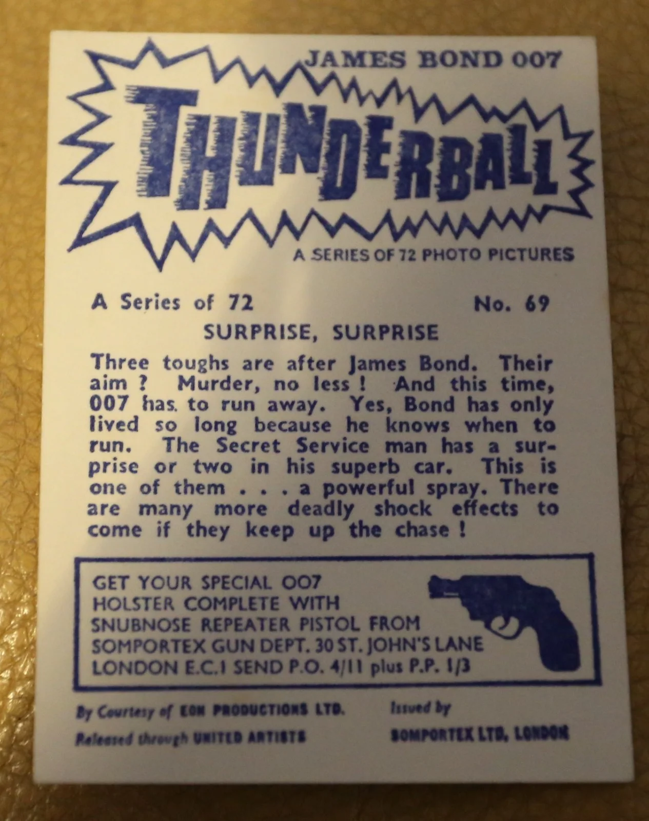 JAMES BOND SOMPORTEX THUNDERBALL 1966 ORIGINAL TRADING CARD EX COND NUMBER 69, image 2