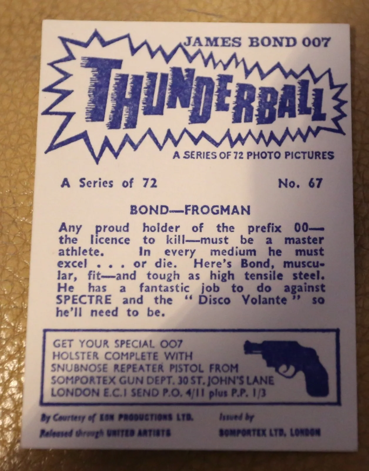 JAMES BOND SOMPORTEX THUNDERBALL 1966 ORIGINAL TRADING CARD EX COND NUMBER 67, изображение 2
