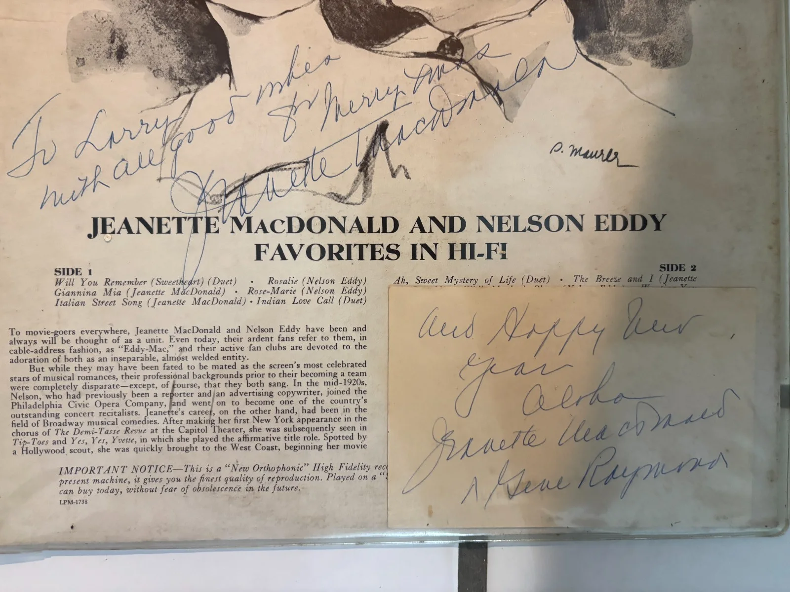 * JEANETTE MacDONALD & GENE RAYMOND Signed Record and Index Card Autograph, изображение 2