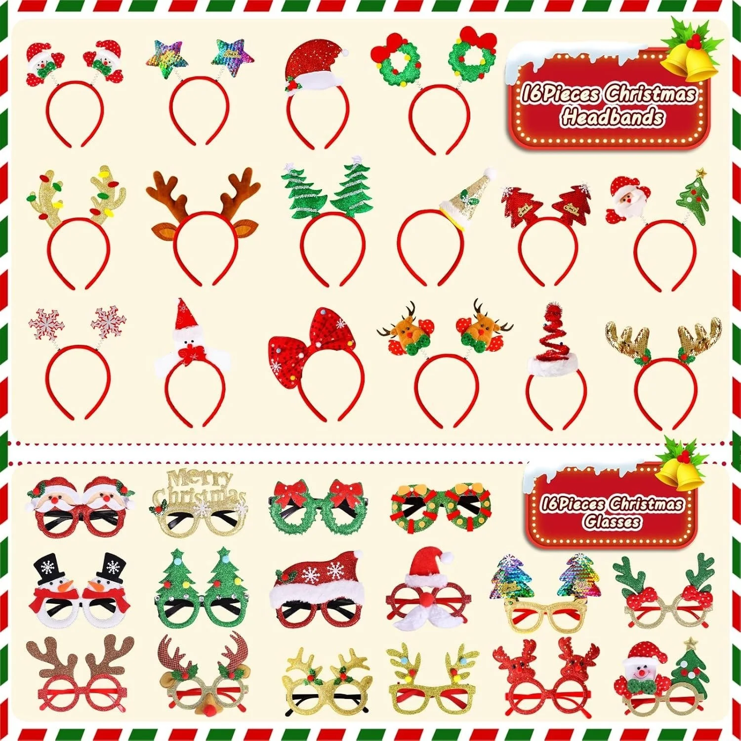 32 Pack Christmas Glasses Frame & Headbands Set W/ Different Cute Designs, image 2