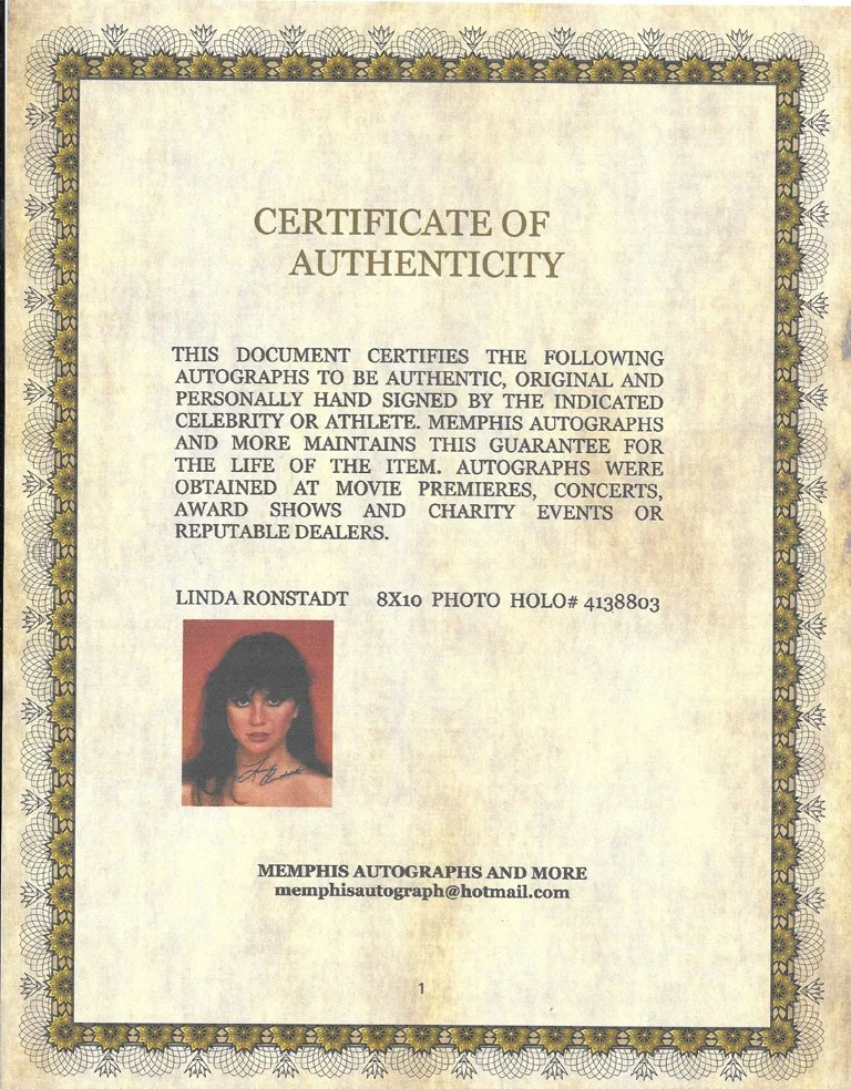 Linda Ronstadt Signed 8x10 Photo Autograph COA, изображение 3