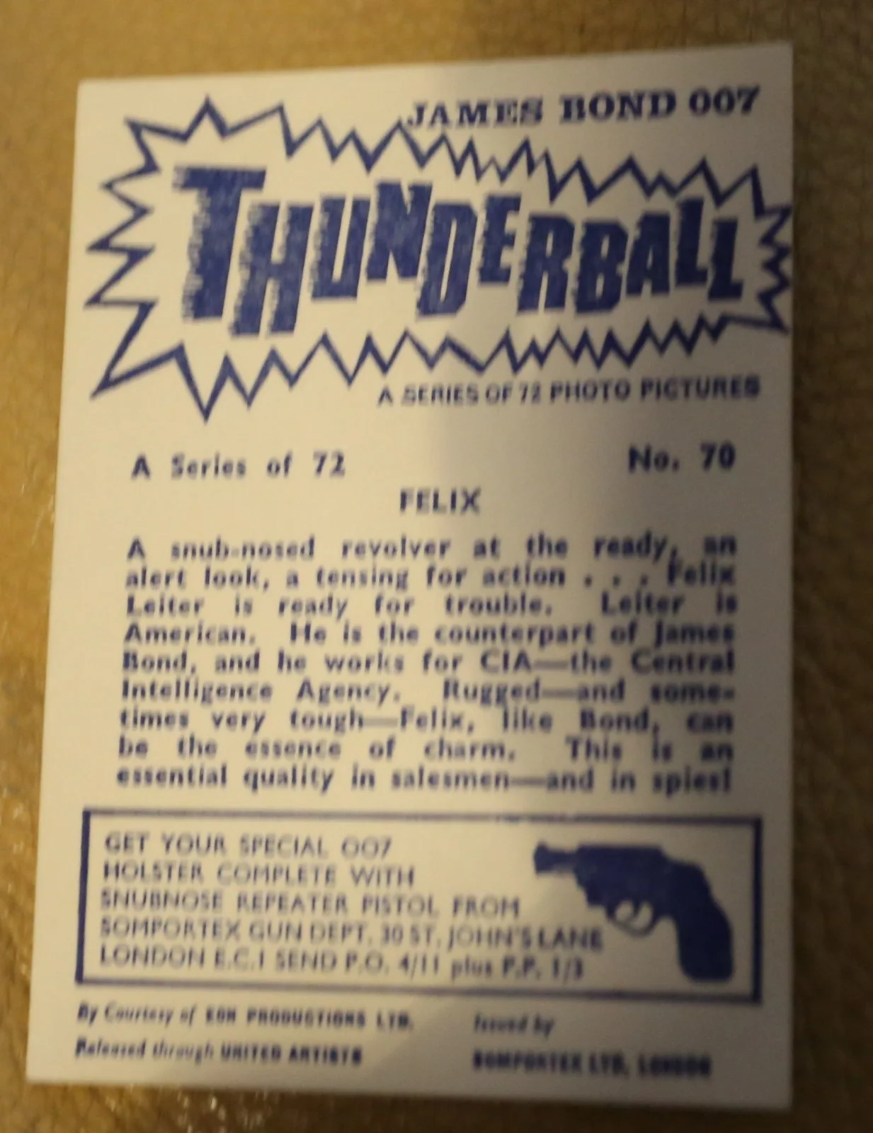 JAMES BOND SOMPORTEX THUNDERBALL 1966 ORIGINAL TRADING CARD EX COND NUMBER 70, изображение 2