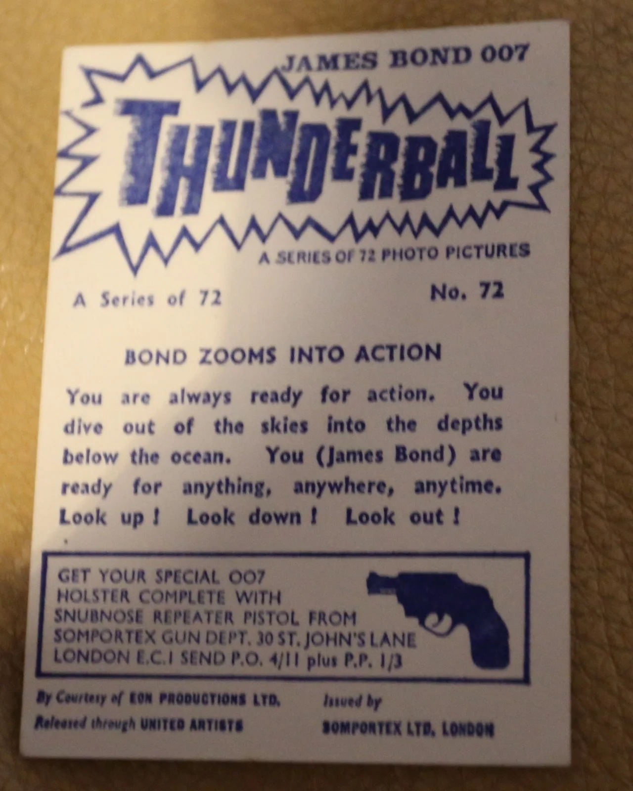 JAMES BOND SOMPORTEX THUNDERBALL 1966 ORIGINAL TRADING CARD EX COND NUMBER 72, image 2