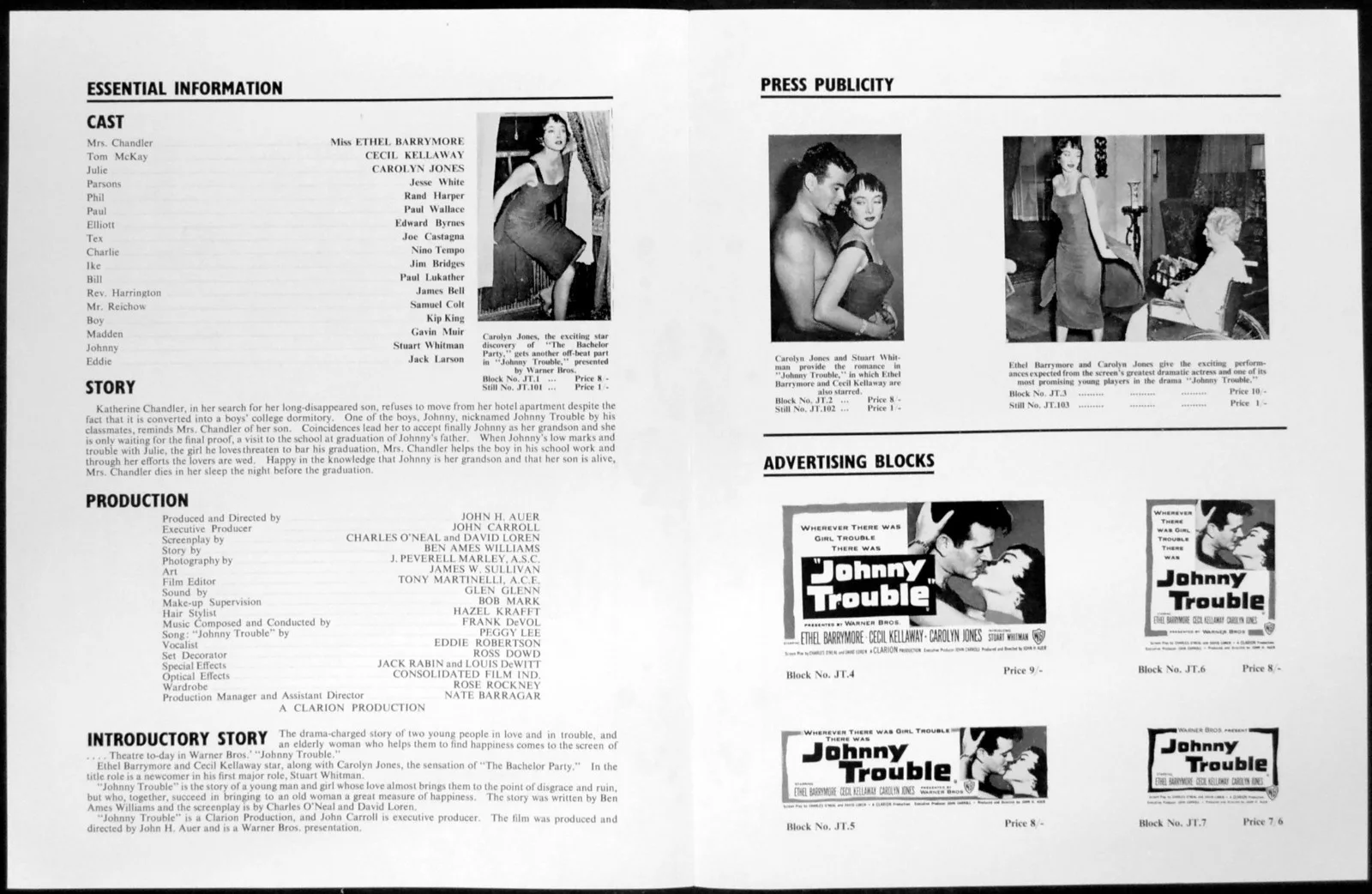 JOHNNY TROUBLE 1957 Ethel Barrymore Cecil Kellaway Carolyn Jones CAMPAIGN BOOK, изображение 2