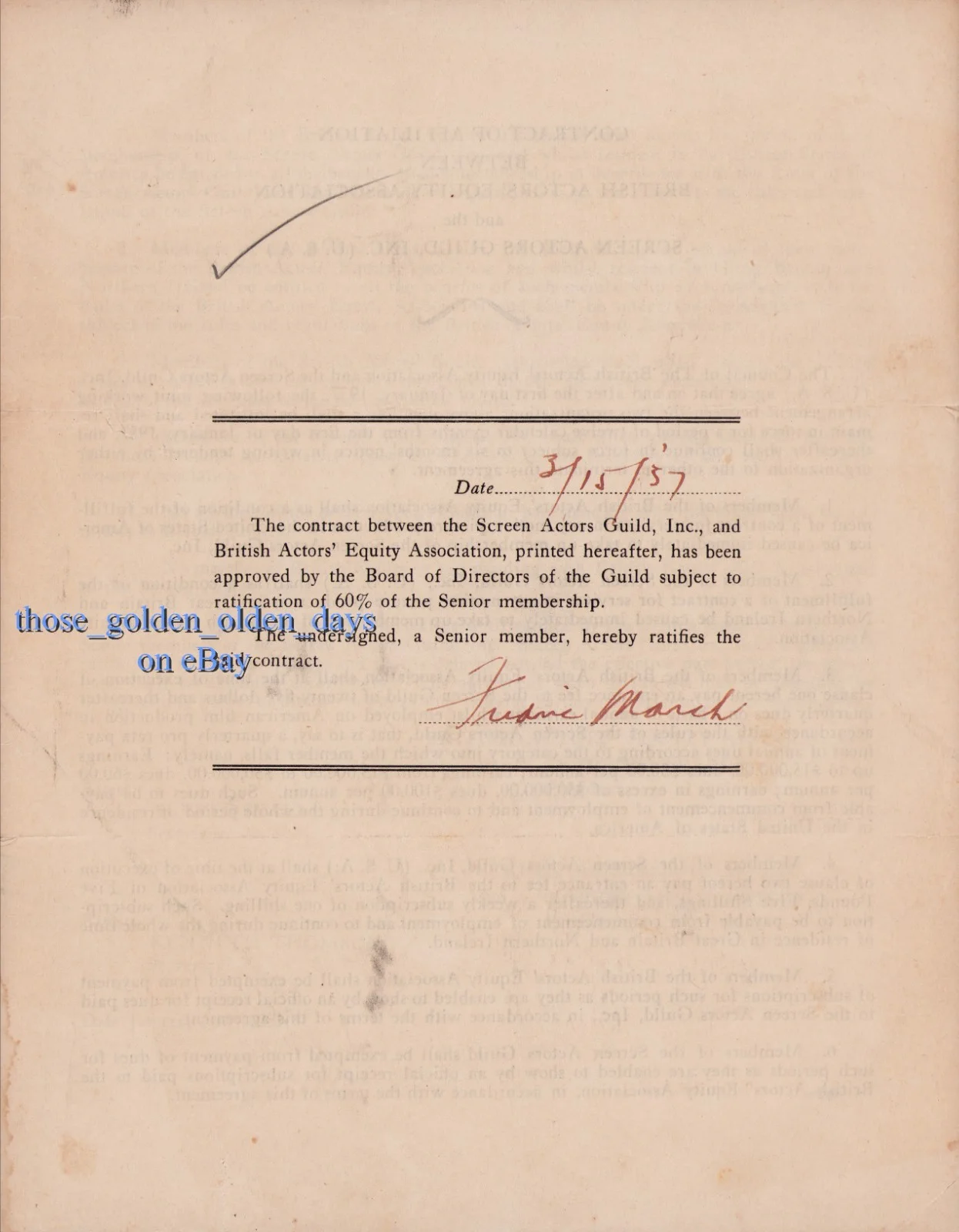 Fredric March — Fredric March Signed SAG Contract A Star Is Born '37 Era Hollywood Union History