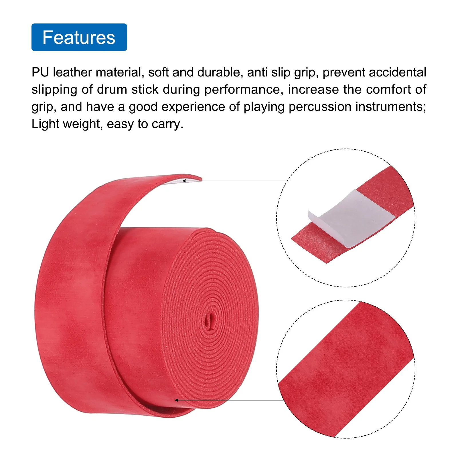 2pcs Drum Stick Tape Drumstick Grips Anti Slip 1" Width 43" Red, image 4