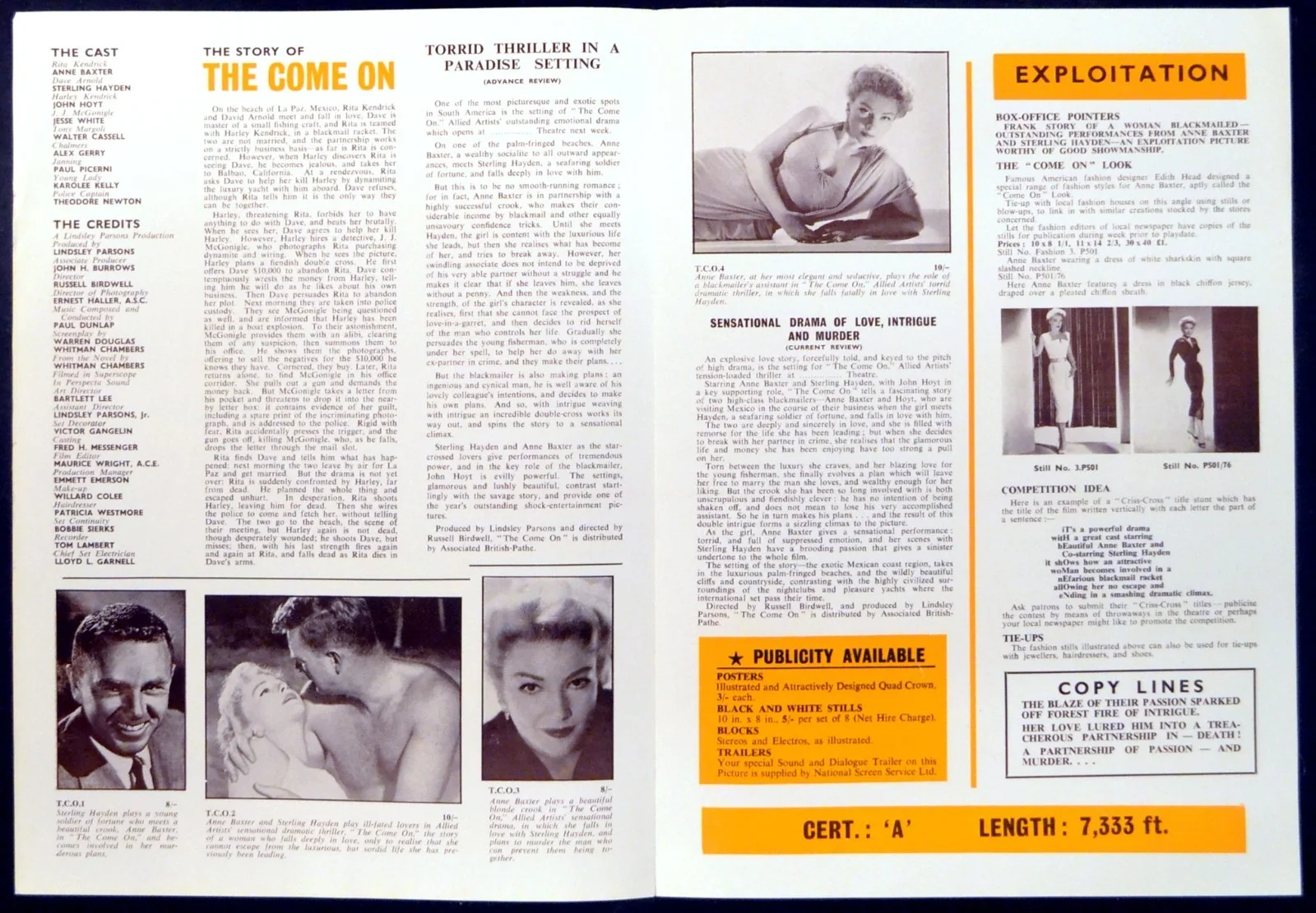 COME ON 1956 Anne Baxter, Sterling Hayden, John Hoyt UK PRESSBOOK, изображение 2
