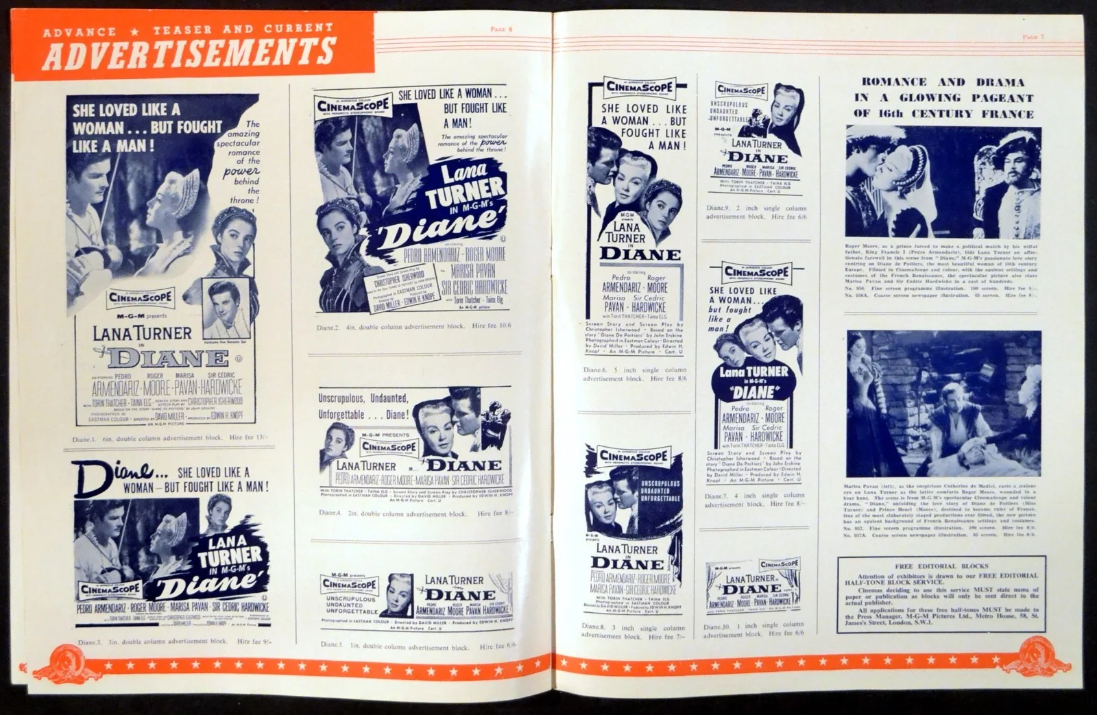 DIANE 1956 Lana Turner, Pedro Armendariz, Roger Moore UK PRESSBOOK, изображение 2