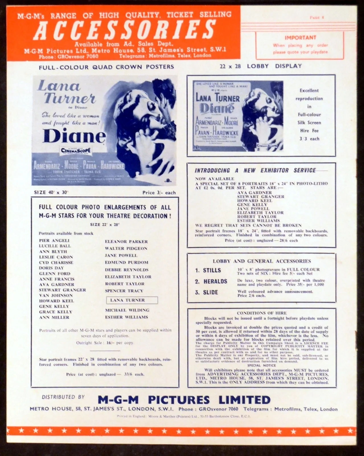 DIANE 1956 Lana Turner, Pedro Armendariz, Roger Moore UK PRESSBOOK, изображение 3
