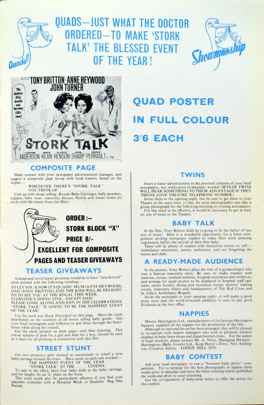 STORK TALK 1962 Anne Heywood, Tony Britton TOM CHANTRELL UK PRESSBOOK, изображение 3