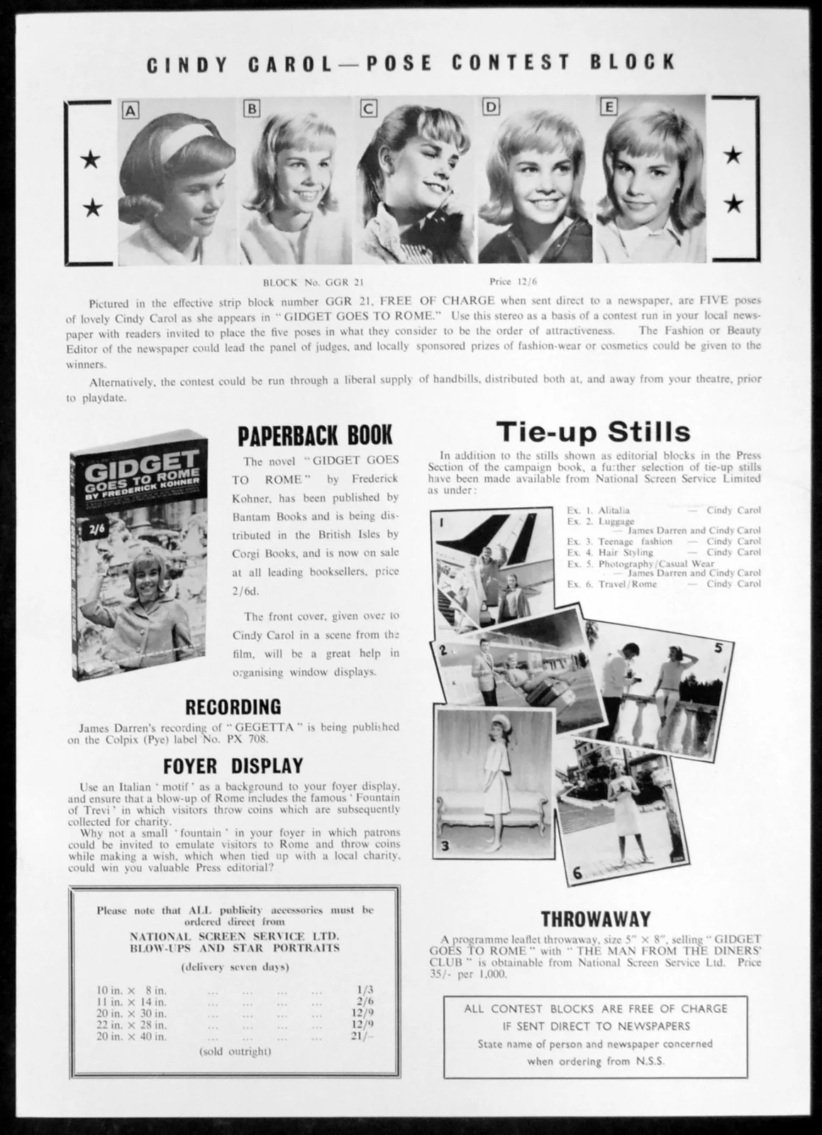GIDGET GOES TO ROME 1963 James Darren, Jessie Royce Landis UK CAMPAIGN BOOK, изображение 2