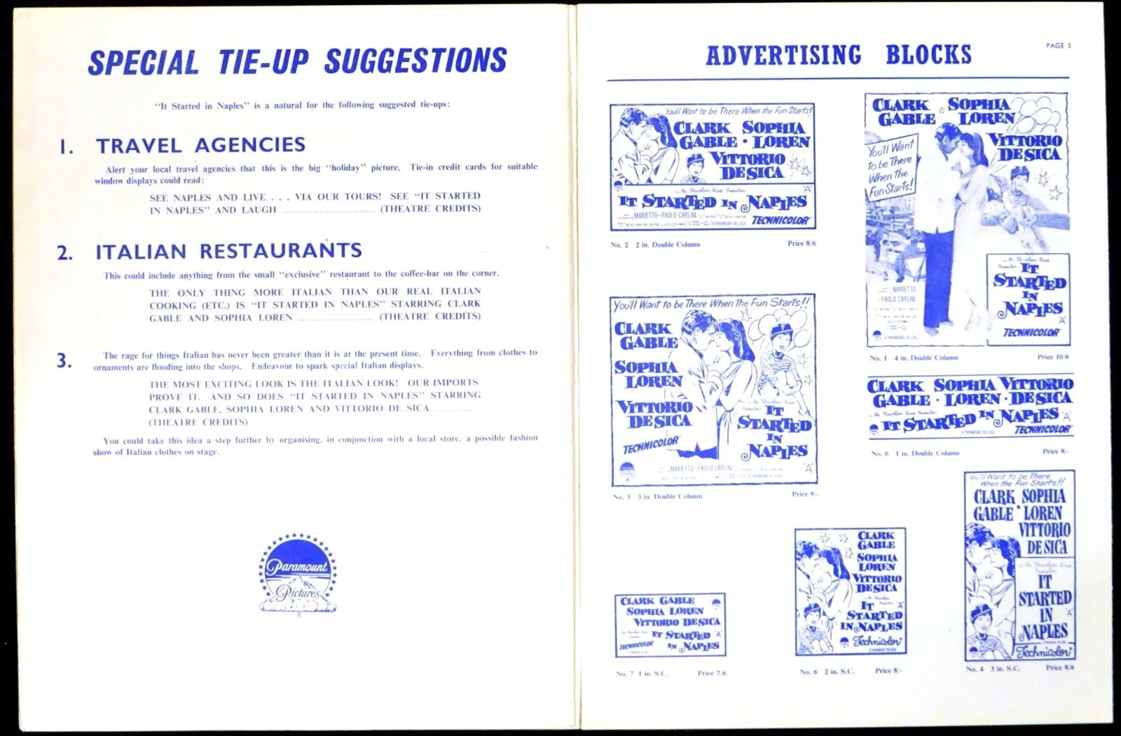 IT STARTED IN NAPLES 1960 Clark Gable Sophia Loren Vittorio De Sica UK PRESSBOOK, image 2