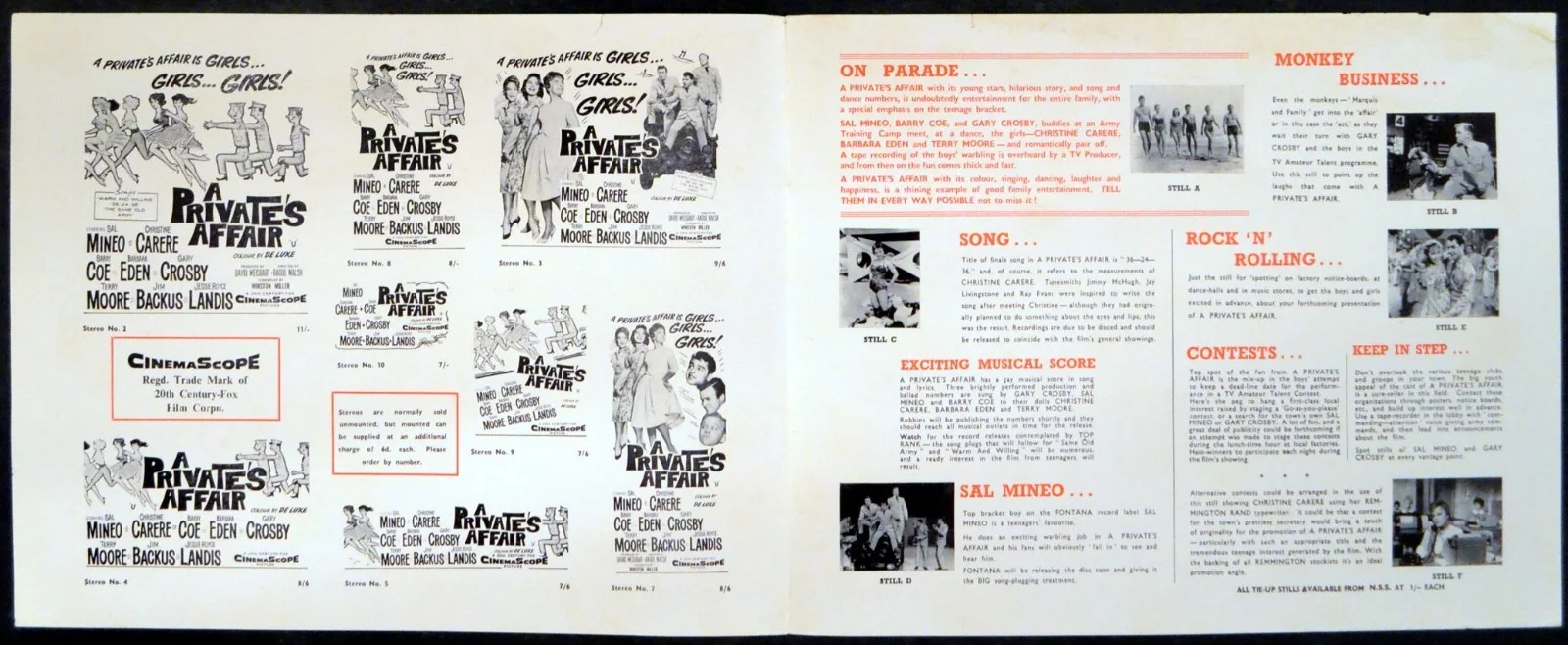 PRIVATE’S AFFAIR 1959 Sal Mineo, Christine Carere, Barry Coe UK CAMPAIGN BOOK, изображение 2