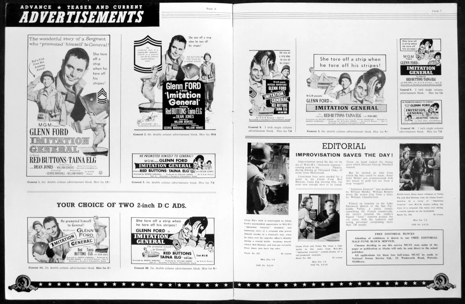 IMITATION GENERAL 1958 Glenn Ford, Red Buttons, Taina Elg UK PRESSBOOK, изображение 2