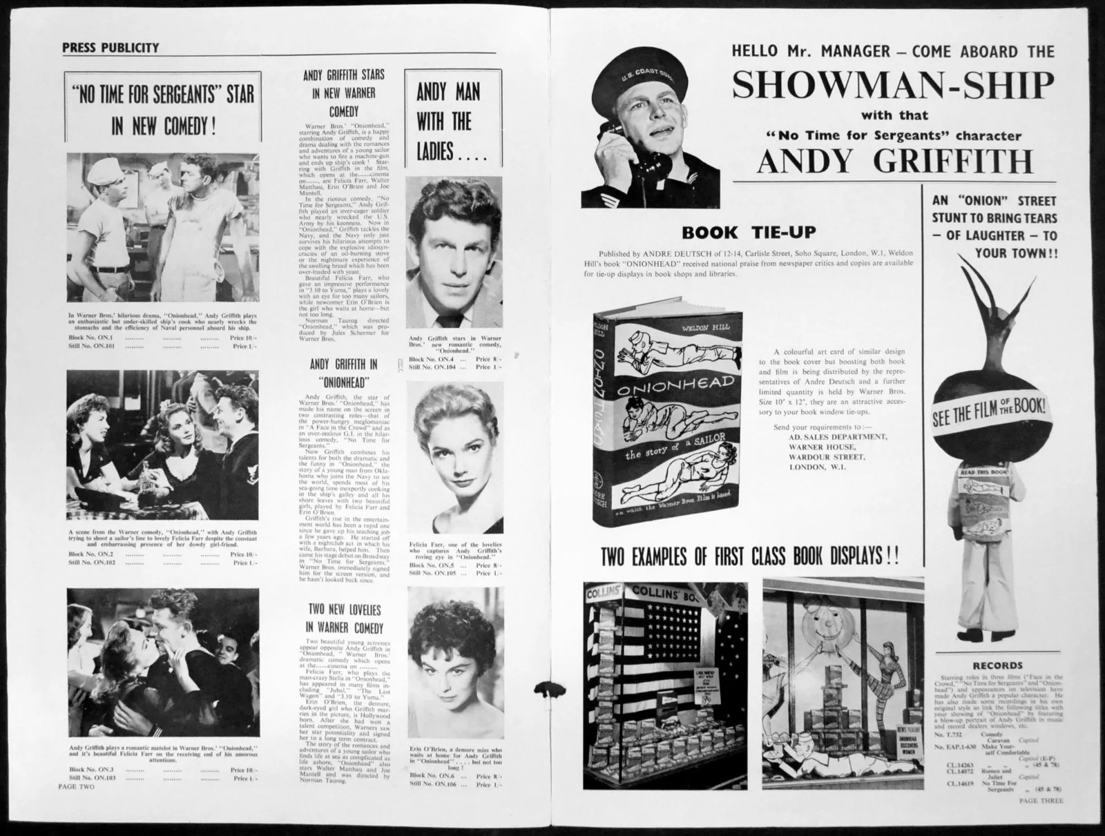 ONIONHEAD 1958 Andy Griffith, Felicia Farr, Walter Matthau UK PRESSBOOK, image 2