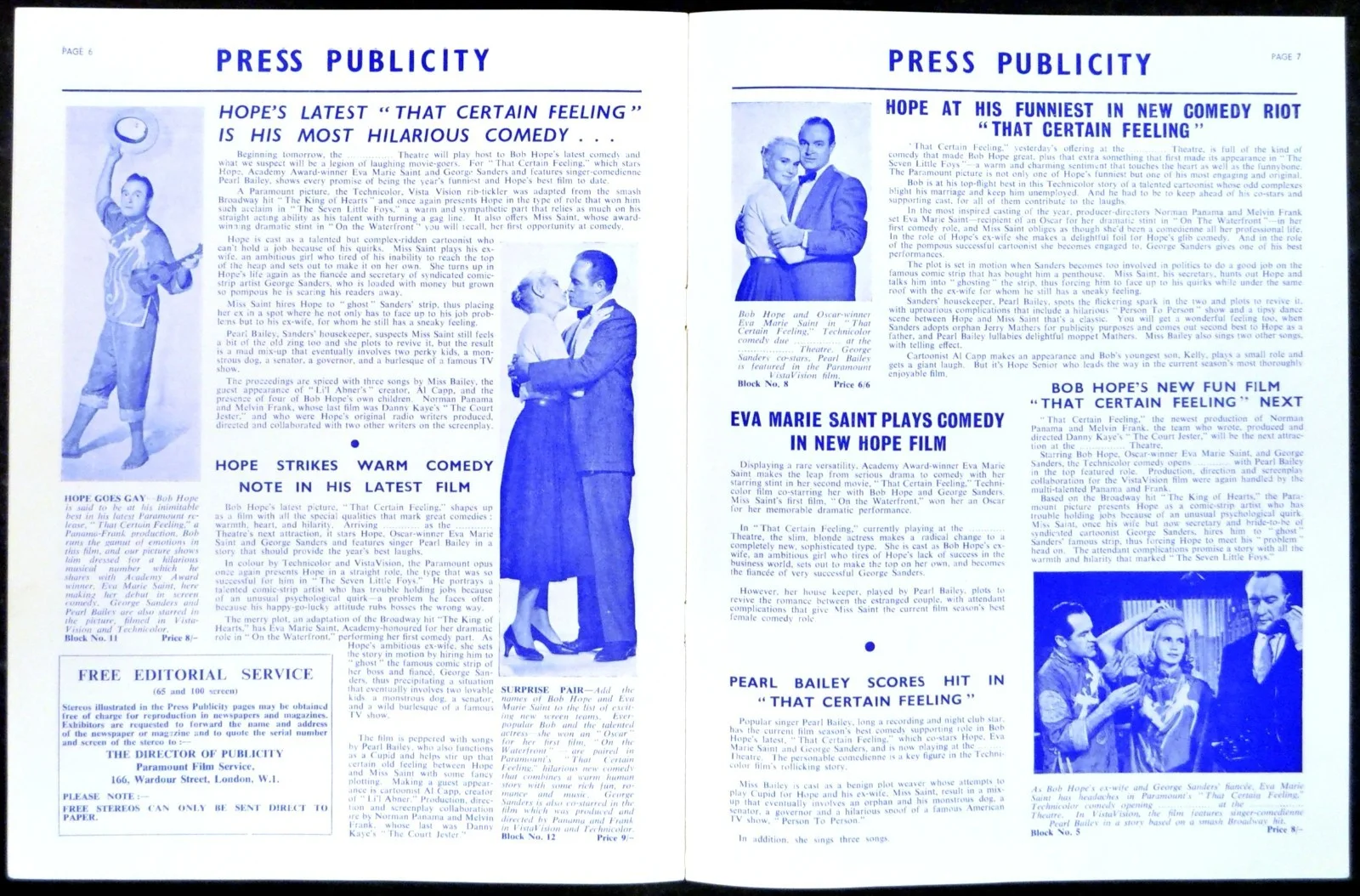THAT CERTAIN FEELING 1956 Bob Hope, Eva Marie Saint, George Sanders UK PRESSBOOK, изображение 2