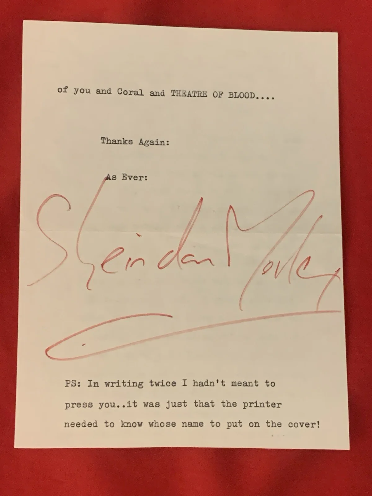 Sheridan Morley — Vincent Price Estate Letter From Theater of Blood Actor Sheridan Morley 24a, изображение 2