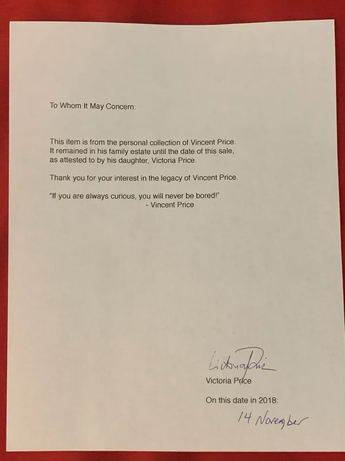 Sheridan Morley — Vincent Price Estate Letter From Theater of Blood Actor Sheridan Morley 24a, изображение 4