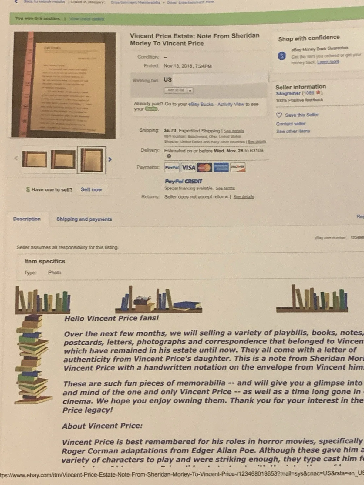 Sheridan Morley — Vincent Price Estate Letter From Theater of Blood Actor Sheridan Morley 24a, изображение 5