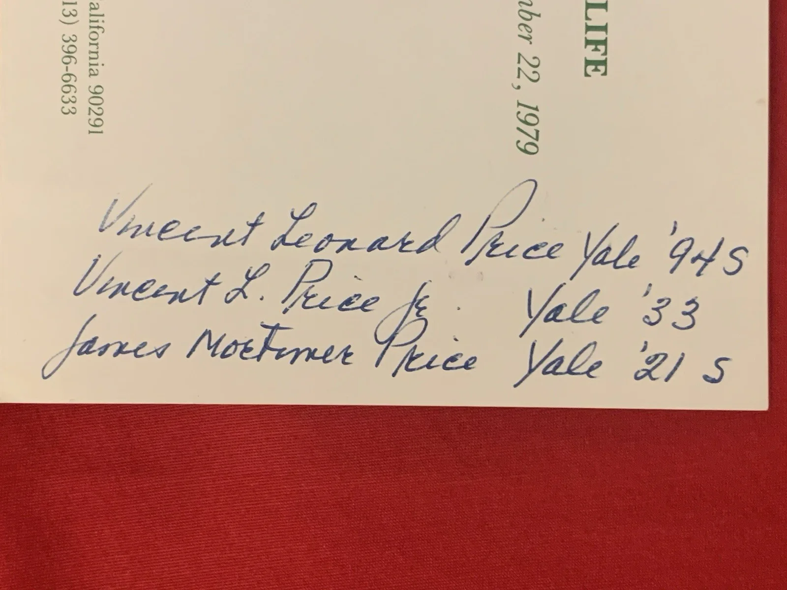 Vincent Price — Lista manuscrita de preços Vincent Price Estate homens que frequentaram Yale! 23k, изображение 2