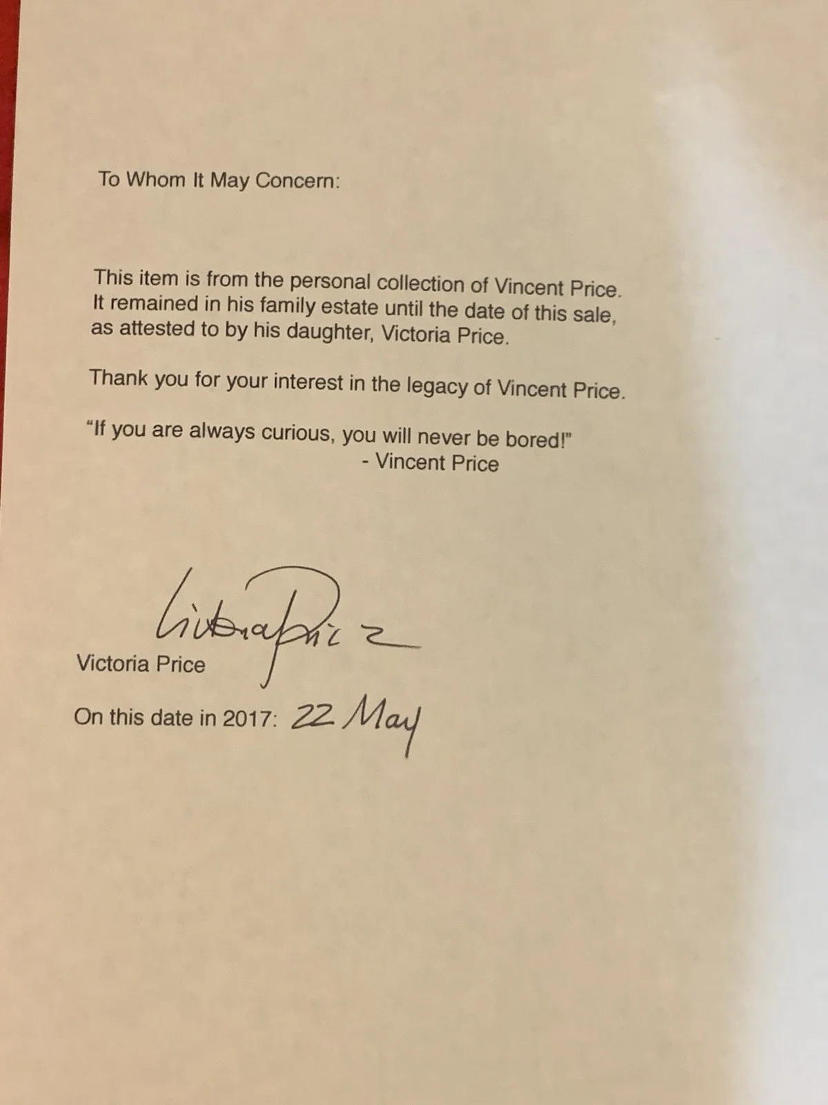 Vincent Price — Lista manuscrita de preços Vincent Price Estate homens que frequentaram Yale! 23k, изображение 4