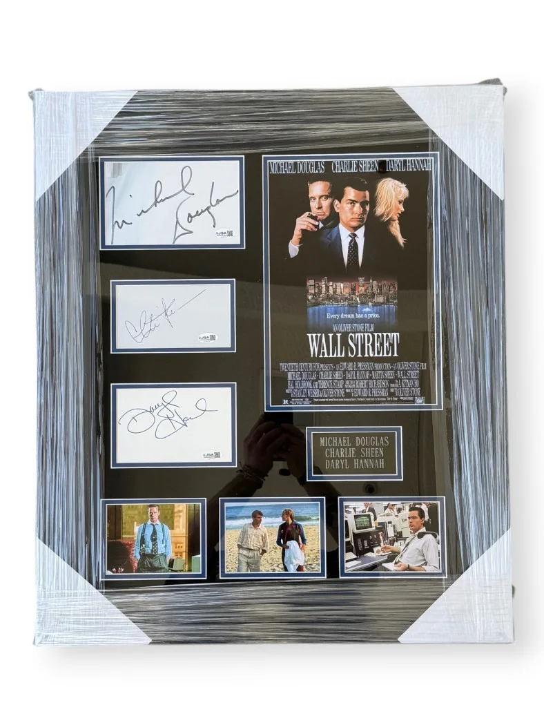 Michael Douglas, Charlie Sheen, Daryl Hannah — Wall Street Signed Cuts Michael Douglas Charlie Sheen Daryl Hannah Framed JSA