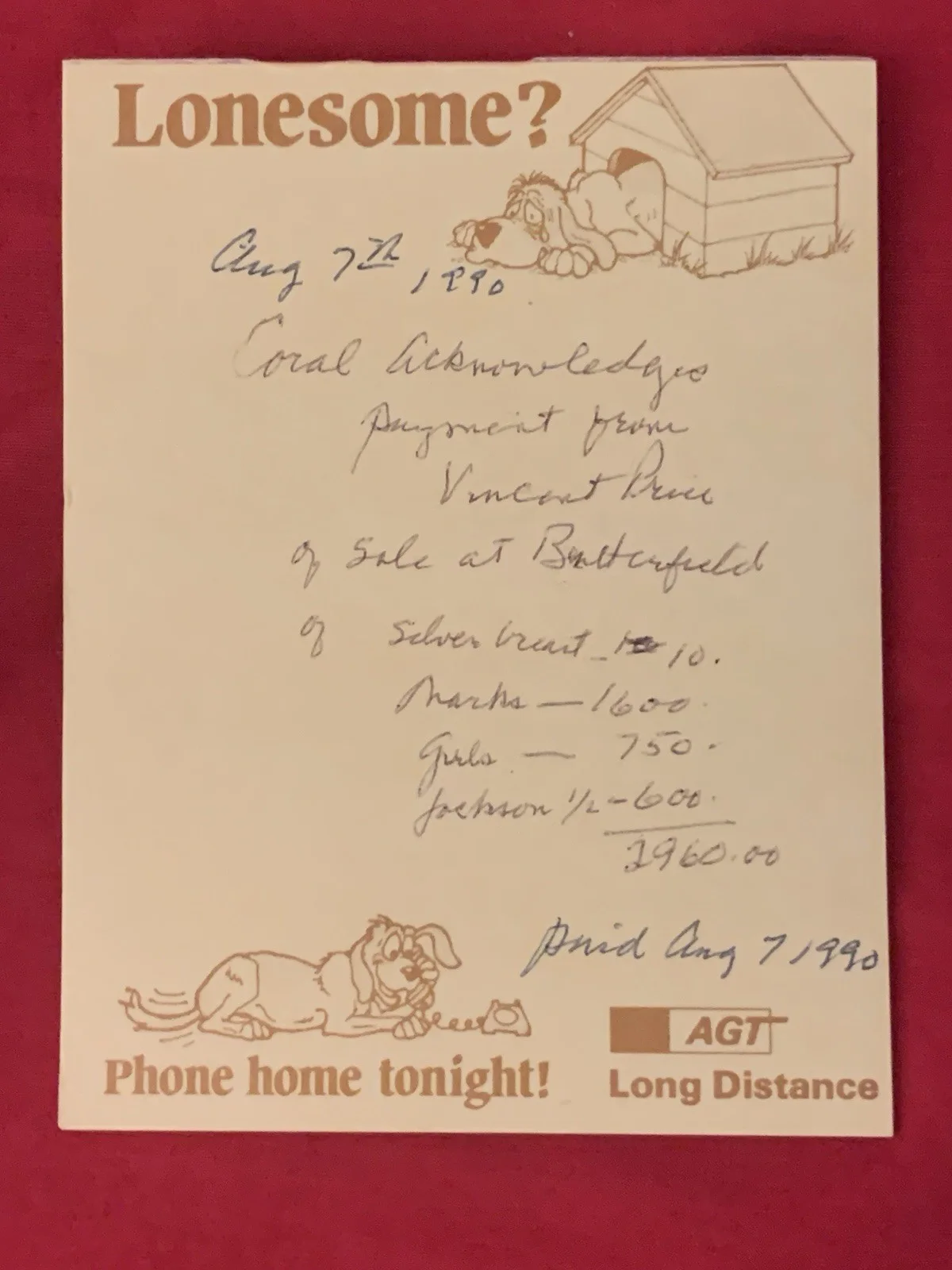 Vincent Price — Vincent Price Estate Handwritten Receipt To Coral Browne for Artwork! 23g