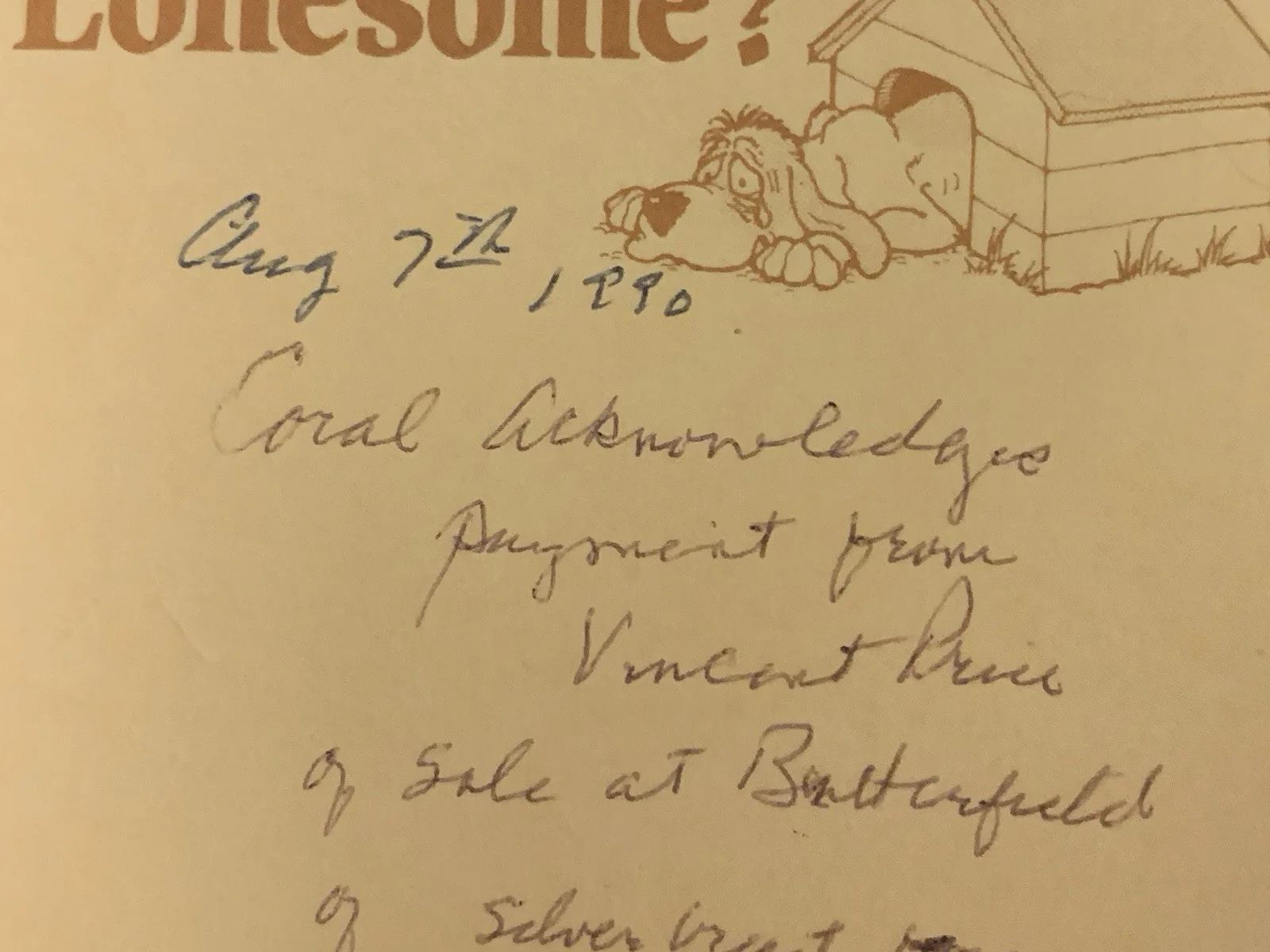 Vincent Price — Vincent Price Estate Handwritten Receipt To Coral Browne for Artwork! 23g, изображение 2