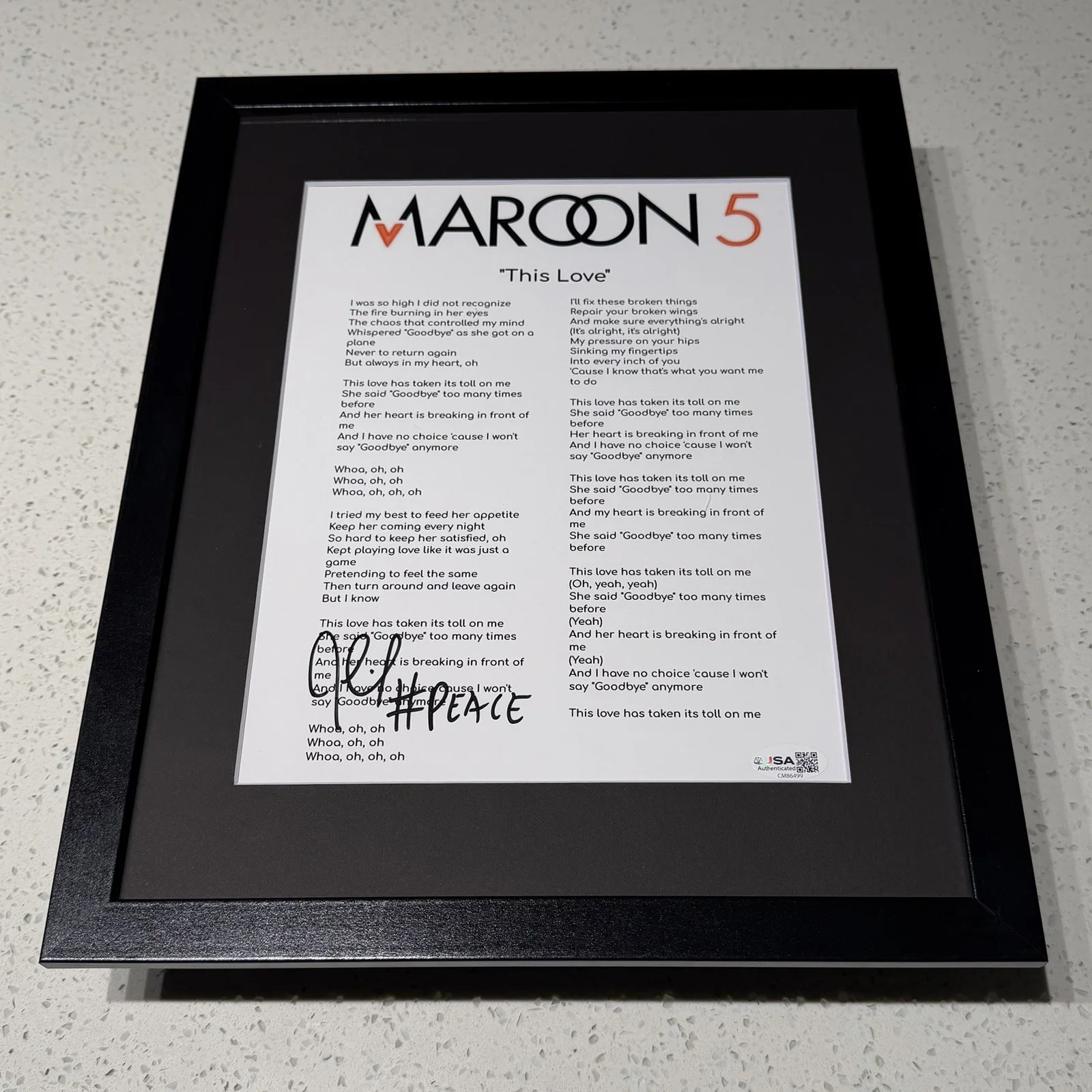 MAROON 5 BAND SIGNED LYRIC SHEET FRAMED JESSE CARMICHAEL AUTOGRAPH JSA COA, image 2