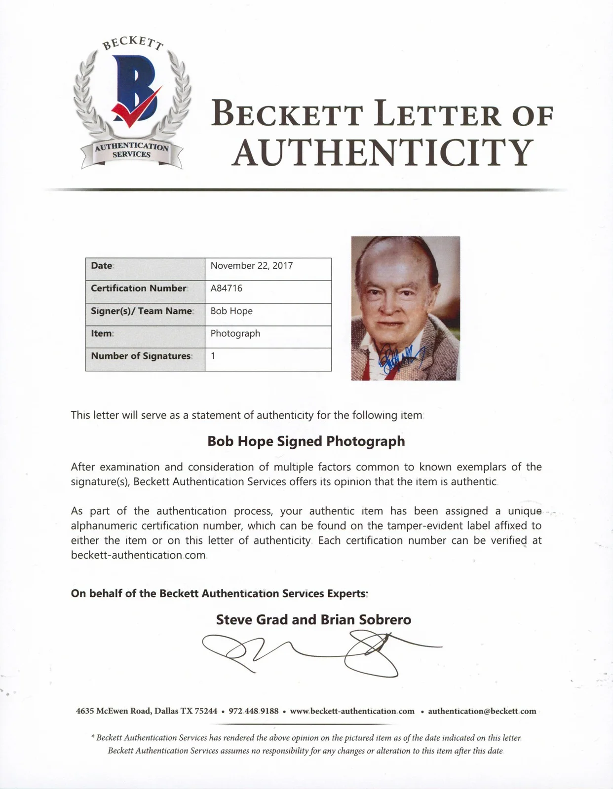 Bob Hope — Bob Hope The Tonight Show Authentic Signed 8x10 Photo Autographed BAS #A84716, image 3