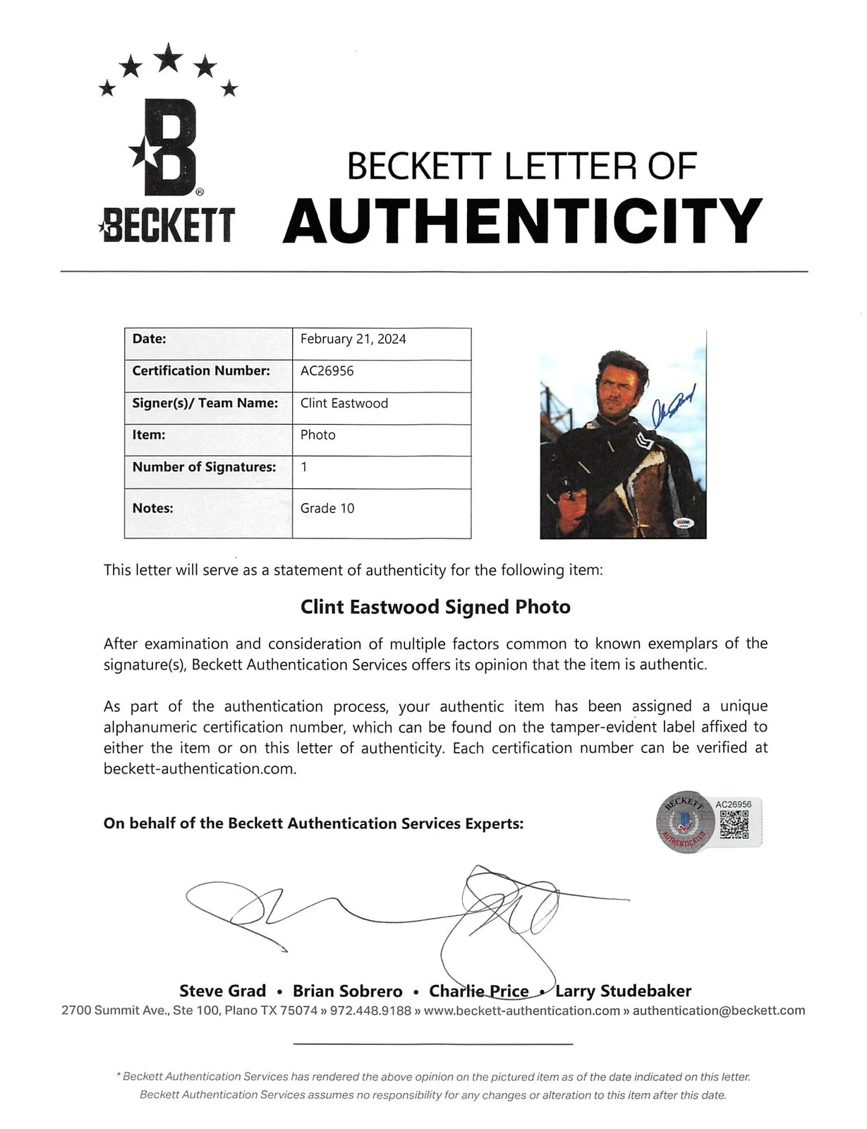 Clint Eastwood — Clint Eastwood Good, the Bad & the Ugly Signed 8x10 Photo Auto 10! BAS #AC26956, изображение 5
