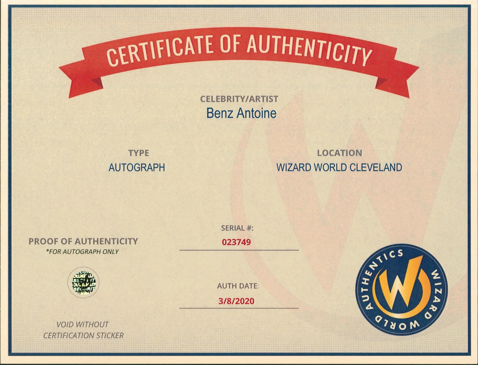 Benz Antoine — Benz Antoine Overwatch Authentic Signed 8x10 Photo Wizard World #023749, изображение 2