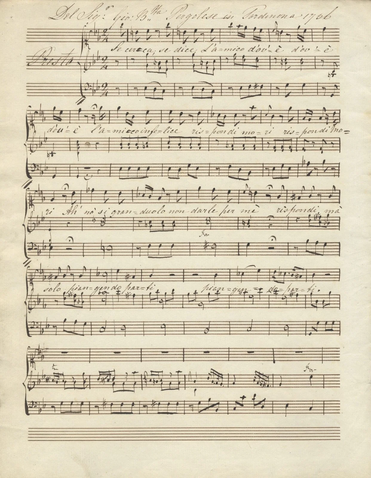Giovanni Battista PERGOLESI / Se cerca se dice Aria Copyist manuscript 1805, изображение 2